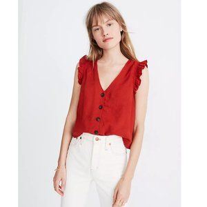 Madewell Linen-Blend Ruffle Button-Front Tank, crop, orange rust colored, Size 2